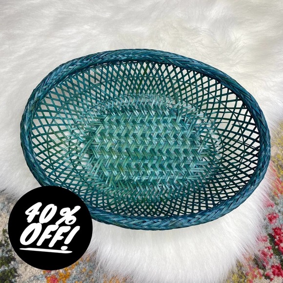 Vintage Oval Teal Blue Wicker Basket Wall Art Boho